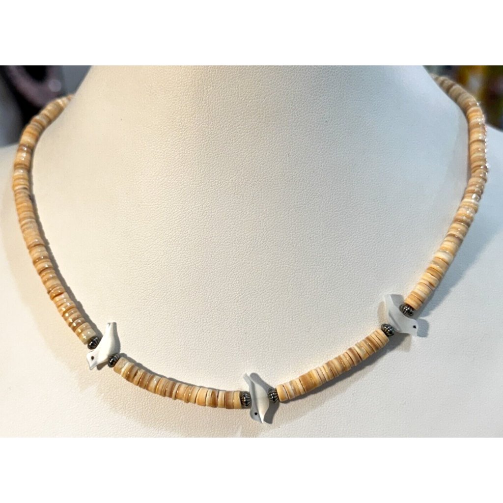 Sterling Silver Clasp Brown Heishi Bead Mother Of Pearl Mop Bird Fetish Necklace
